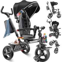 KIDIZ® Dreirad 5in1 Kinderdreirad mit Schubstange Lenksystem Stange ab 1 Jahr vorwärts und Rückwärtsfahrt Jogger ,  Korb Tasche Getränkehalter Sonnendach Gummiräder, Buggy Fahrrad Baby Klappbar