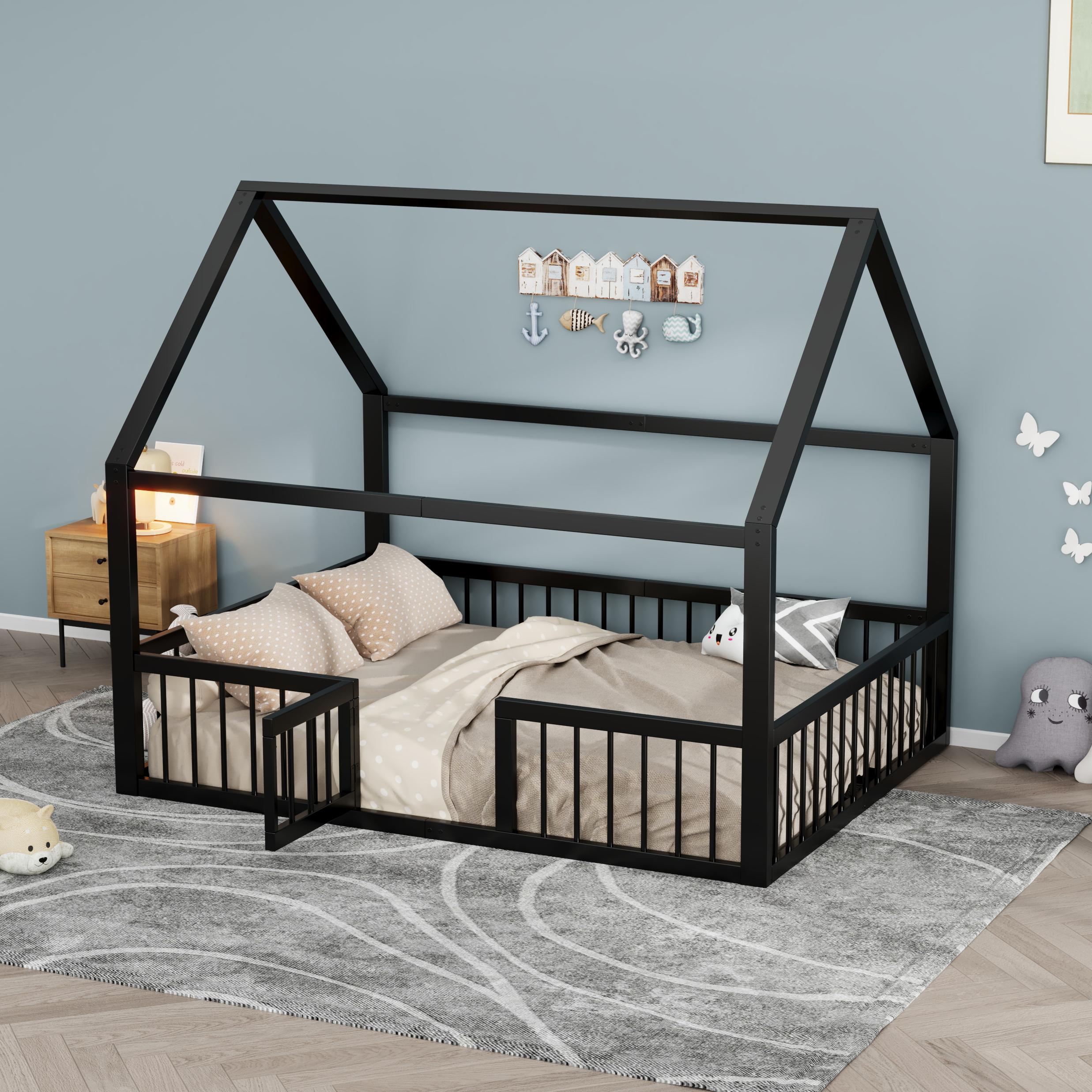 STILVORA Flachbett 140x200 cm mit Matratze Bettgestell mit Haus-Zierleisten und Brüstung, Metallbett mit Metallbettgestell aus Eisen, Kinderbett Schwarz