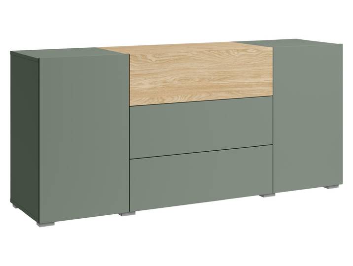 Commode moderne\, de 150 cm de largeur\, sur pieds\, avec 3 tiroirs et 2 placards\, finition mate