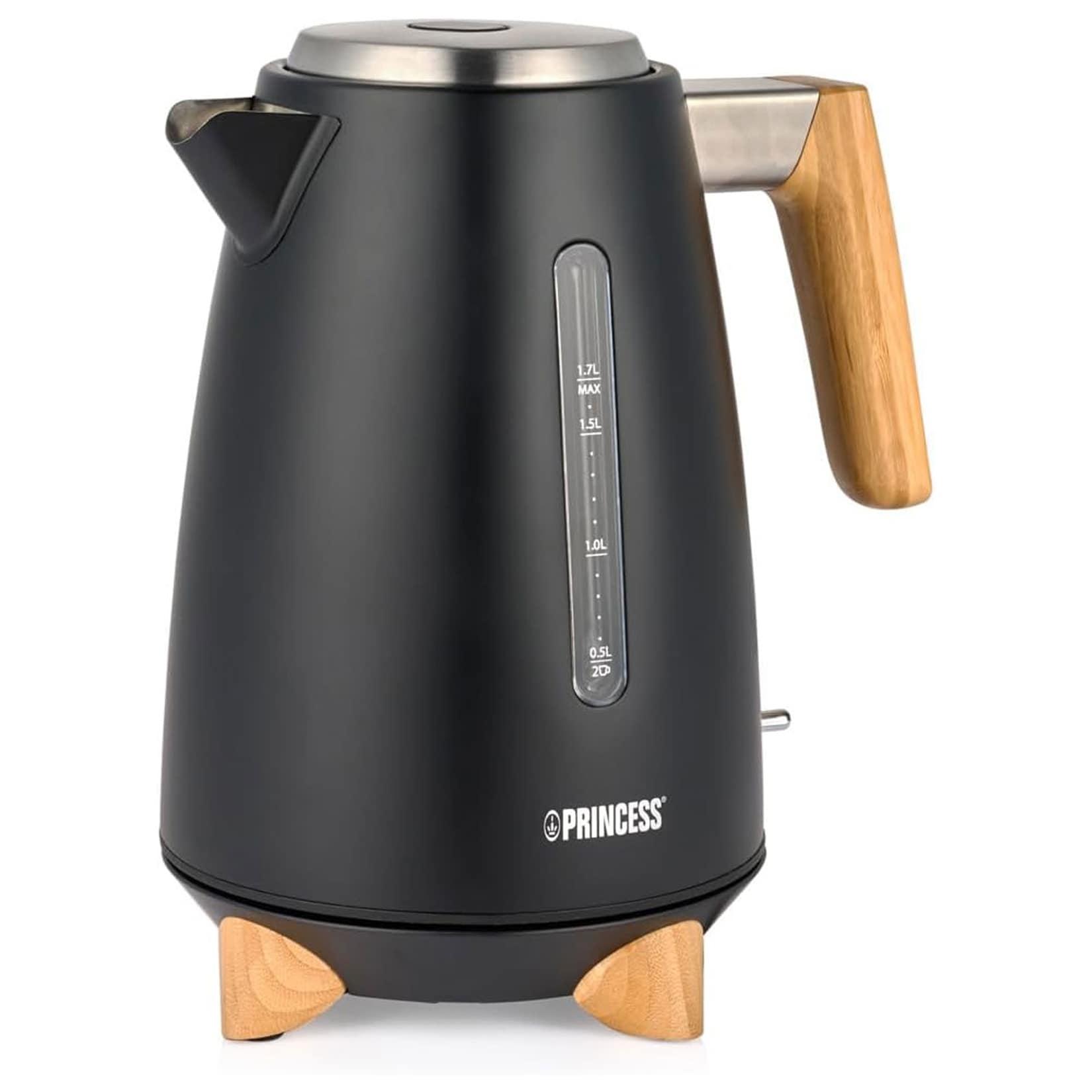 PRINCESS 236061 Pure Wasserkocher (1,7 Liter, 3000 W, Edelstahl, schwarz, kabellos, Überhitzungsschutz, Trockengehschutz)