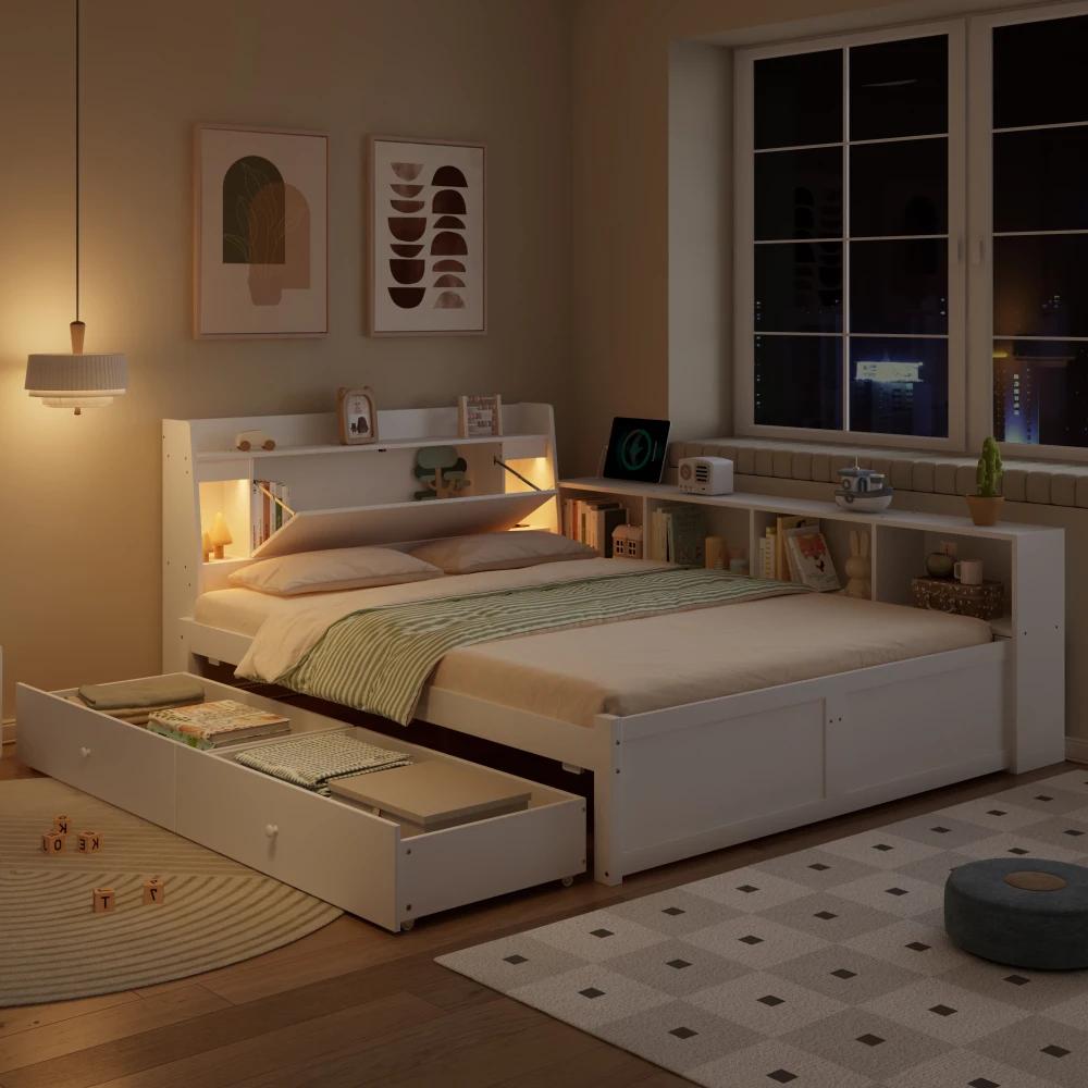 Bett - Einzelbett 90 x 200 cm - Kopfteil - Stauraum - Doppelte LED-Leuchten - Ladeanschluss - Holzkonstruktion - Weiß