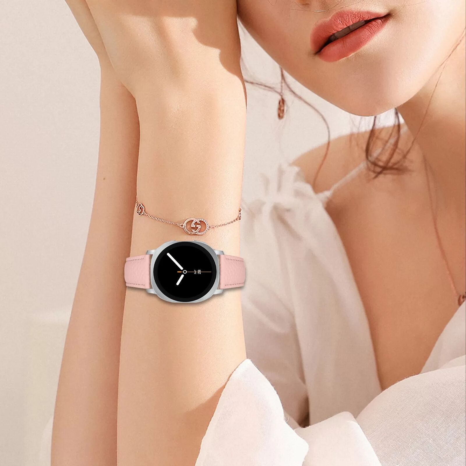 INF Kompatibel mit Samsung Galaxy Watch8/Classic Lederarmband aus echtem Narbenleder, braun, hochwertig und komfortabel Rosa