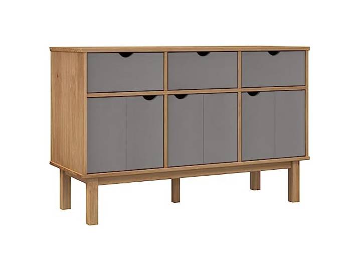 HGFDVCMR Sideboard OTTA Braun Grau 114x43x73,5cm Kiefer Massivholz Skandinavische Kommode aus Kiefernholz mit 3 Türen und 3 Schubladen für Wohnzimmer und Flur.