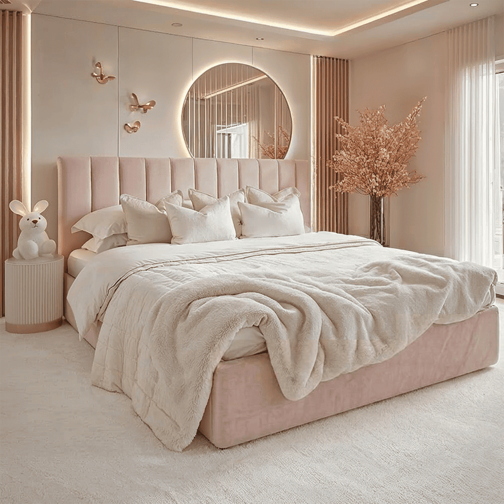 Jessabelle Luxury Petal Pink Velvet Panelled Bed, Emperor / Ottoman Storage