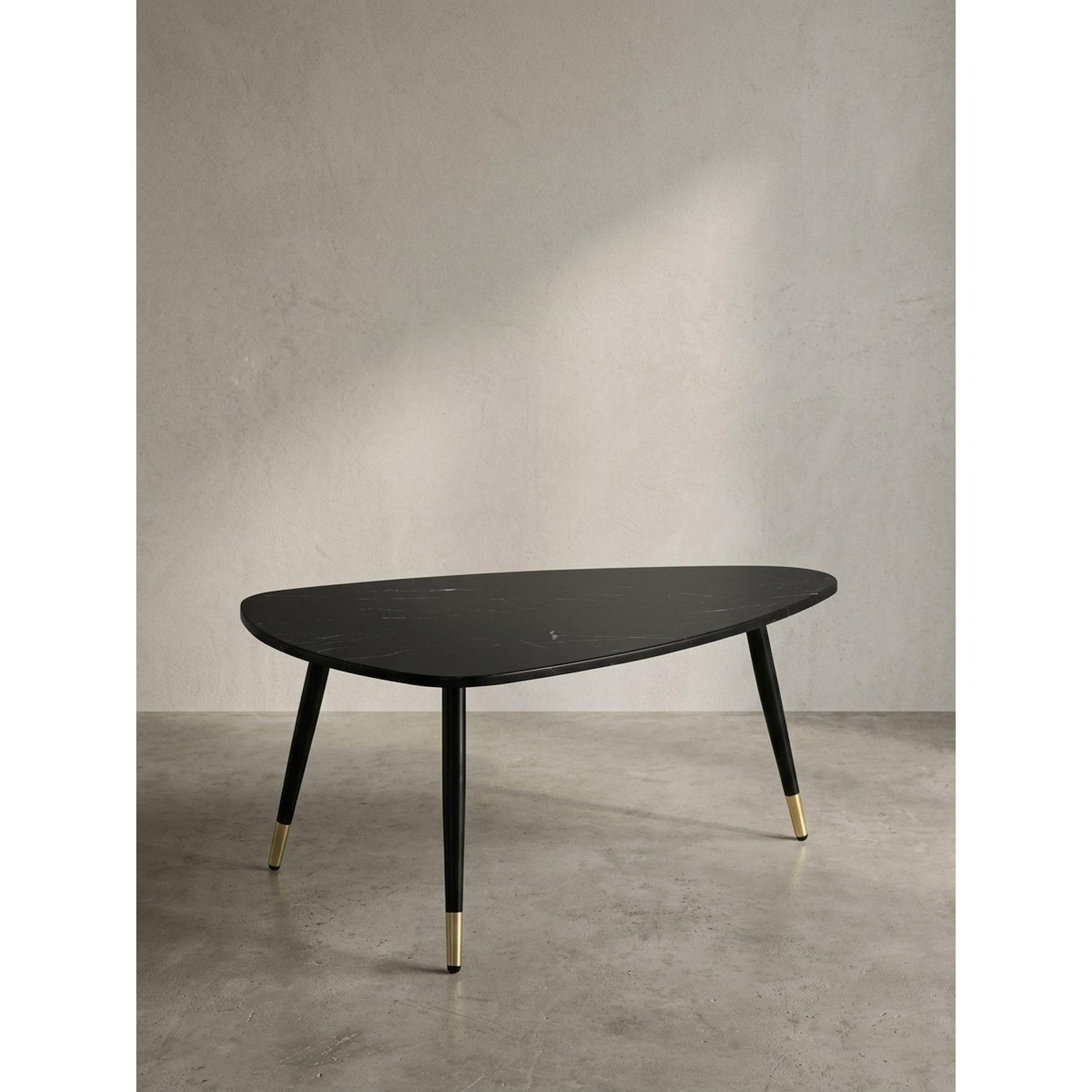 Couchtisch mit Marmor Optik, Dreibein, Metall-Gestell, Dreieckig, Schwarz 90x60x41 cm