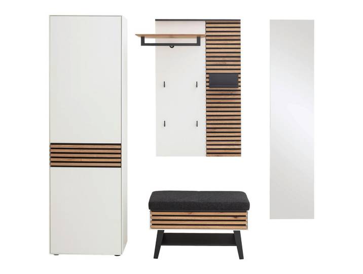 Schöner Wohnen Garderobe, Weiß, Eichefarben, Holz, Glas, Metall, 4-teilig, Kerneiche, massiv, 214x196x41 cm, Goldenes M, Garderobe, Garderoben-Sets & Garderoben-Serien, Garderoben-Sets