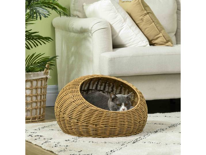 PawHut Niche Chat Rotin Ø50cm Coussin Doux Marron