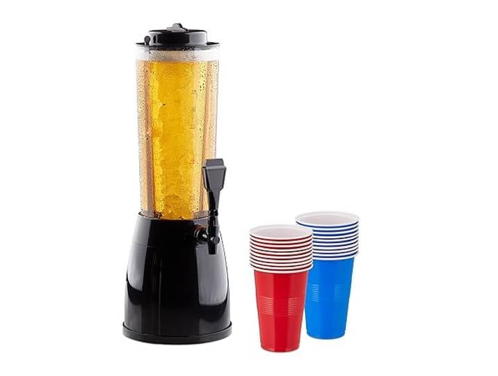 Relaxdays Distributeur de bière\, 2\,5 l\, avec 20 gobelets de bière Pong\, réservoir à glaçons\, Plastique\, Multicolore