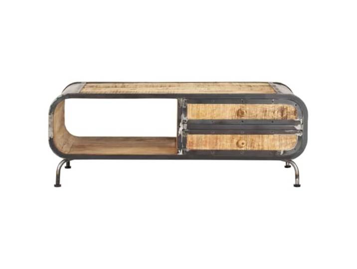 Couchtisch 100x50x35cm Massivholz Mango 2 Schubladen, 1 Ablage, Eisenbeine, Industrie-Stil, Handarbeit, Holzmaserung, vor der Couch