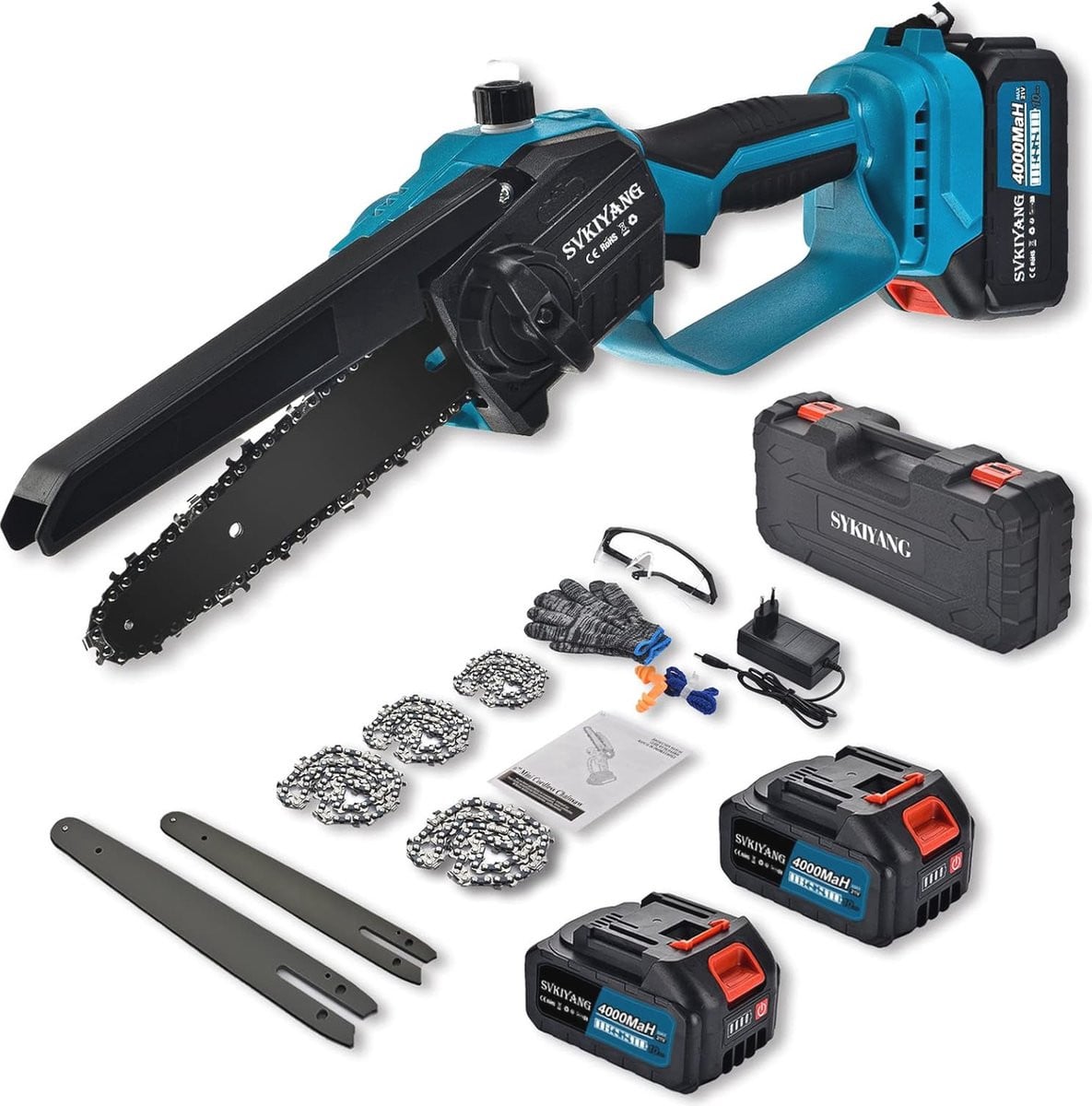 Accu Mini-kettingzaag met oplader in geel en blauw