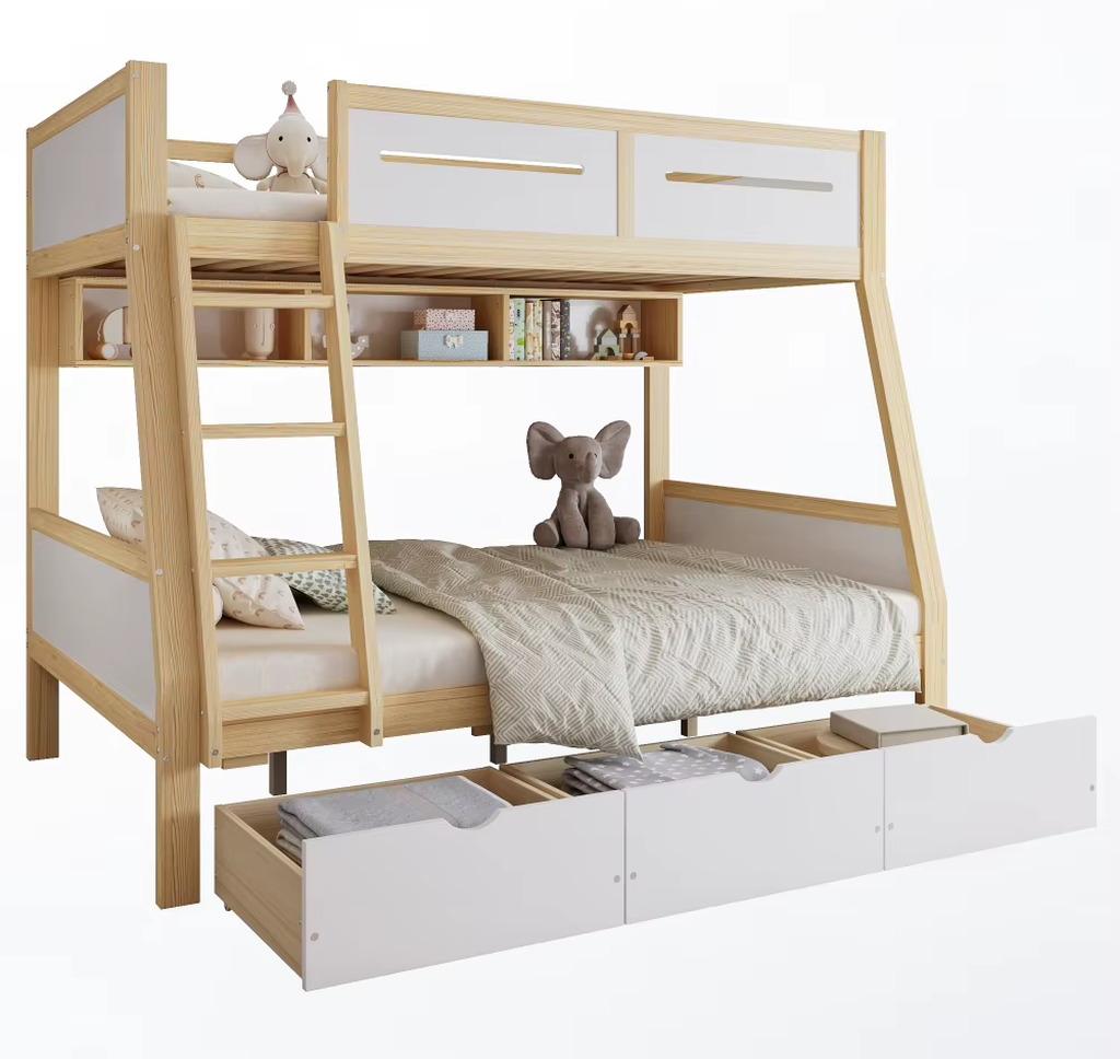 Kinder-Etagenbett - Kinderbett mit Stauraum - Für Matratzen 90x200 und 120x200 cm - Schubladen - Bücherablage - Sicherheitsgitter - Natur/Weiß