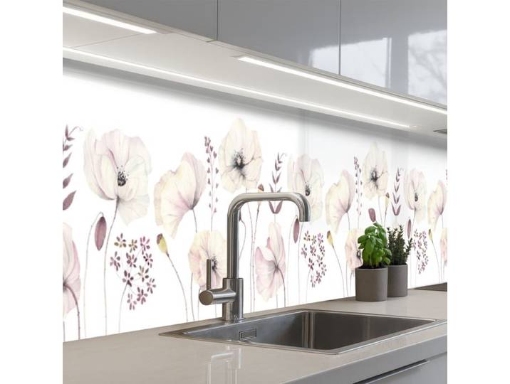Crédence Décorative de Cuisine - Décoration Murale - Motif Fleurs - Pastel - Plantes - Blanc 350x60 cm - KitchenYeah
