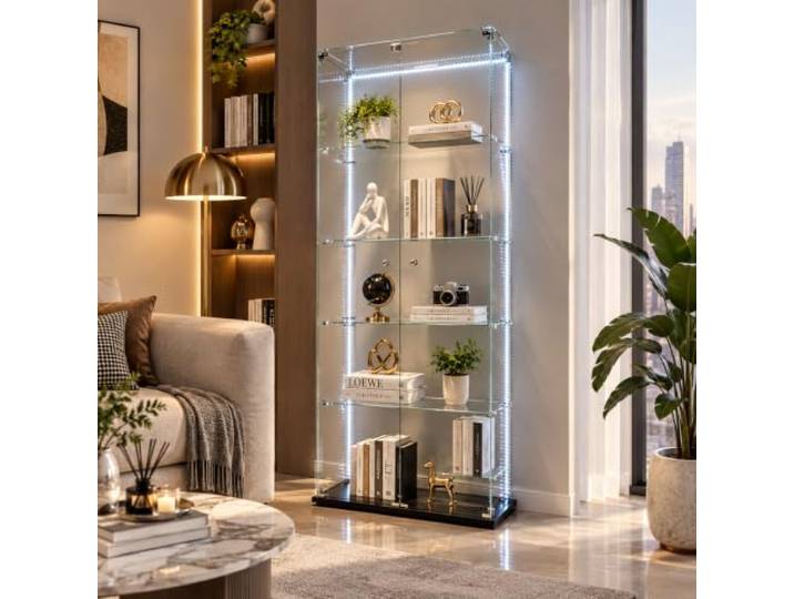 JiaOyu Glasvitrine mit LED-Beleuchtung, Vitrinenschrank mit Schloss, Glasvitrine Staubdicht für Sammlungen, Standvitrine Glasschrank für Wohnzimmer Schlafzimmer (Schwarz+Lichtstreifen, 5 Schichten)