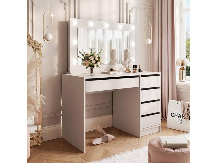 Idohome Coiffeuse BELLA II\, coiffeuse avec miroir et éclairage\, coiffeuse moderne\, coiffeuse avec tiroirs\, armoire à bijoux Cachemire