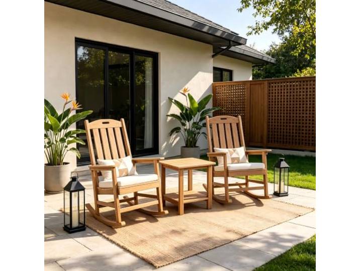 Gartenmöbel‑Set 3‑teilig, 2 Schaukelstühle + Beistelltisch, Outdoor Schaukelstuhl‑Set für Garten, Terrasse und Balkon (Teakfarbe)