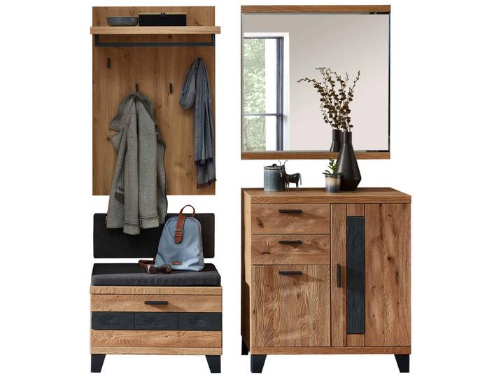 Linea Natura Garderobe, Grau, Wildeiche, Holz, Textil, Holzwerkstoff, Wildeiche, massiv, 170x199x38 cm, Garderobe, Garderobensets & -serien, Garderoben-Set