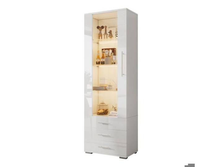 Vitrine en verre verticale blanche haute brillance 60x35x180cm sur pied éclairage LED 3 tiroirs intégrés
