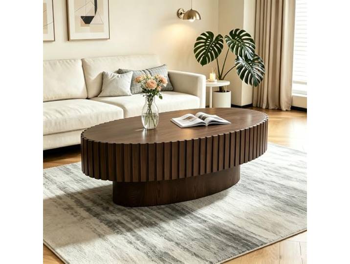 RYDZCLH 100cm Ovaler Couchtisch Aus Holz Mit Geriffelter,Braun Oval Ovaler Couchtische Mit Geriffelter,Moderner Trommelförmiger Beistelltisch Aus Holz Für Wohnzimmer Und Wohnung