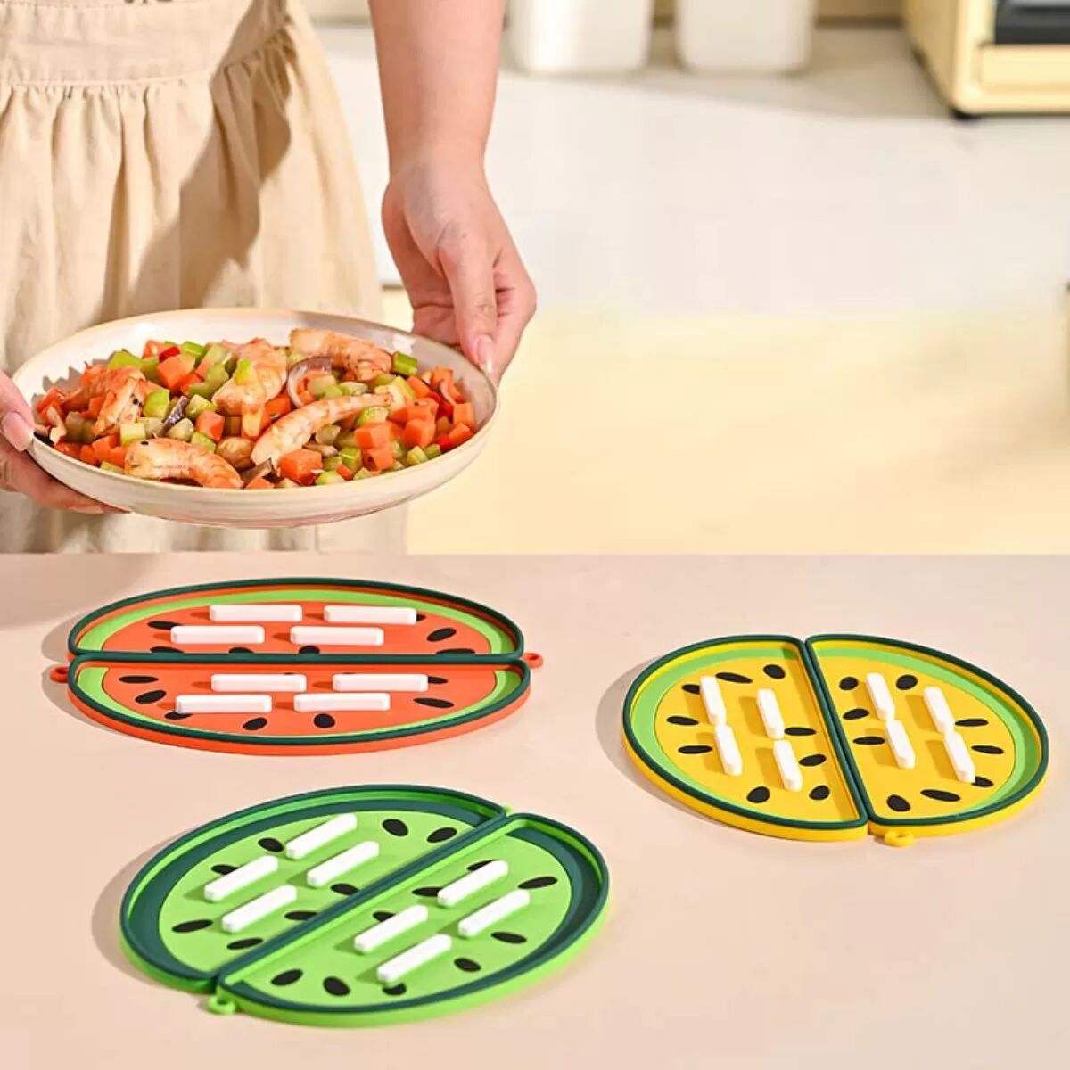 INF 2er-Pack Wassermelonen-Topfdeckelmatte: Hitzebeständig, Rutschfester Küchen-Arbeitsplattenschutz Orange