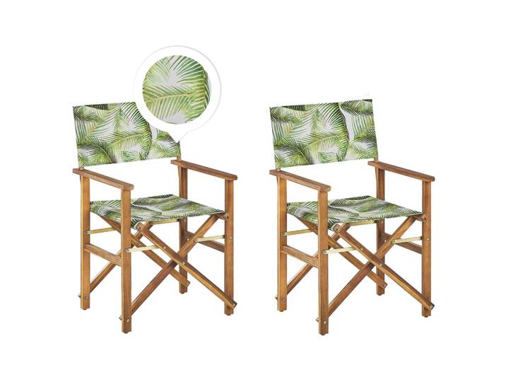 GARTENSTUHL 2er-Set Akazienholz hellbraun Auflagen cremeweiß/hellgrün Palmenmotiv Cine