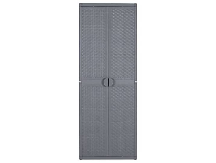 HKLGBVCR Gartenschrank, grau, 65 x 45 x 172 cm, Polypropylen, Rattan Außen-Aufbewahrung, 4 Einlegeböden, Polypropylen, Rattan-Design, Griff, Wandbefestigung nicht im Lieferumfang enthalten