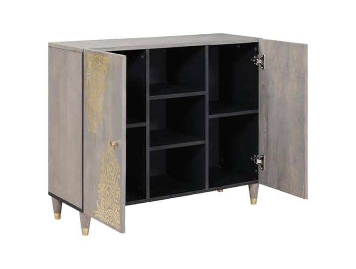 Sideboard Grau 90 x 33 x 75 cm Massivholz Mango Messingknöpfe, Messingbeine, goldener Siebdruck, verstellbare Regale, Massivholz Mango, Holzwerkstoff, Wohnzimmer, Essbereich