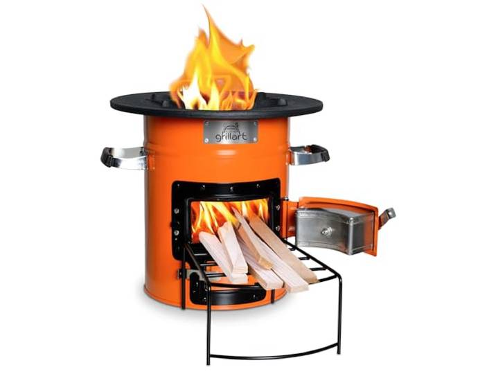 grillart® Raketenofen Outdoor “Powertrain” – effizienter Holzofen als Campingkocher für Dutch Oven und Grillpfannen – besonders effizient bei geringer Rauchentwicklung (Orange ohne Tasche)