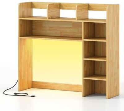 Costway Desktop Bookshelf with LED Lights 35.5 inch Desk Hutch Storage Organizer-Beige