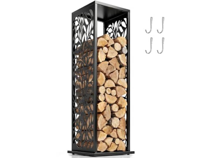 Outsunny Kaminholzregal 38 x 38 x 112cm Erhöhtes Brennholzregal Stahl 4 Haken, Dekorative Aussparungen, Verstellbare Füße, Kaminholzunterstand, Bis 100 kg, Indoor Outdoor Holzregal