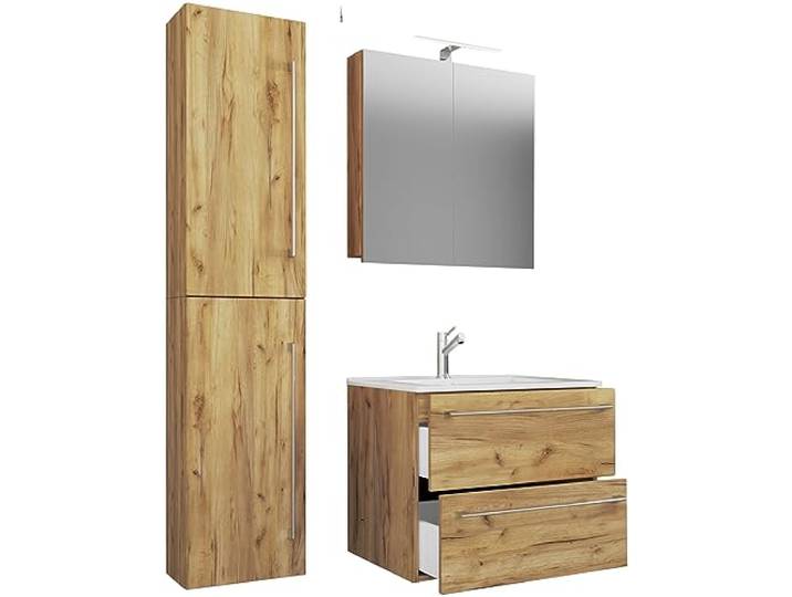 VCM 4-TLG. Waschplatz Waschtisch Waschbecken Unterschrank Breite 60 cm Badmöbel Set mit Schubladen Drehtüren Spiegelschrank Badinos