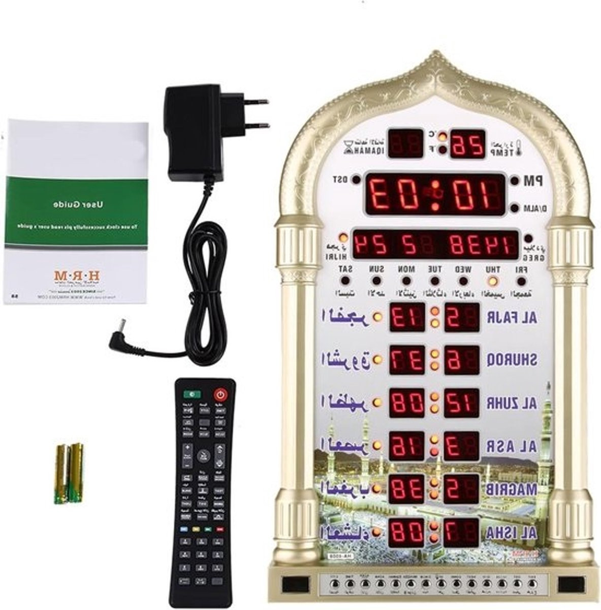 Islamitische wandkalender met Azan, gebedsklok en digitaal display voor wereldwijde gebedstijden en Makkah