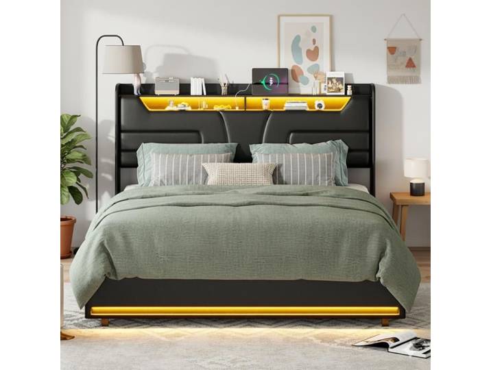 Lit coffre 160 - DREAMMESPACE - 160x200cm - LED - Noir - Avec tiroirs
