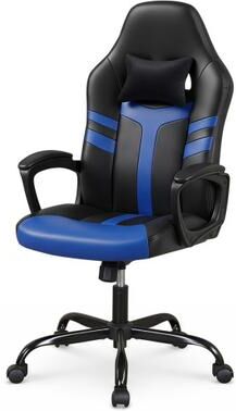 Costway Faux Leather Upholstered Office Chair with Removable Head Pillow and Rocking Function-Blue