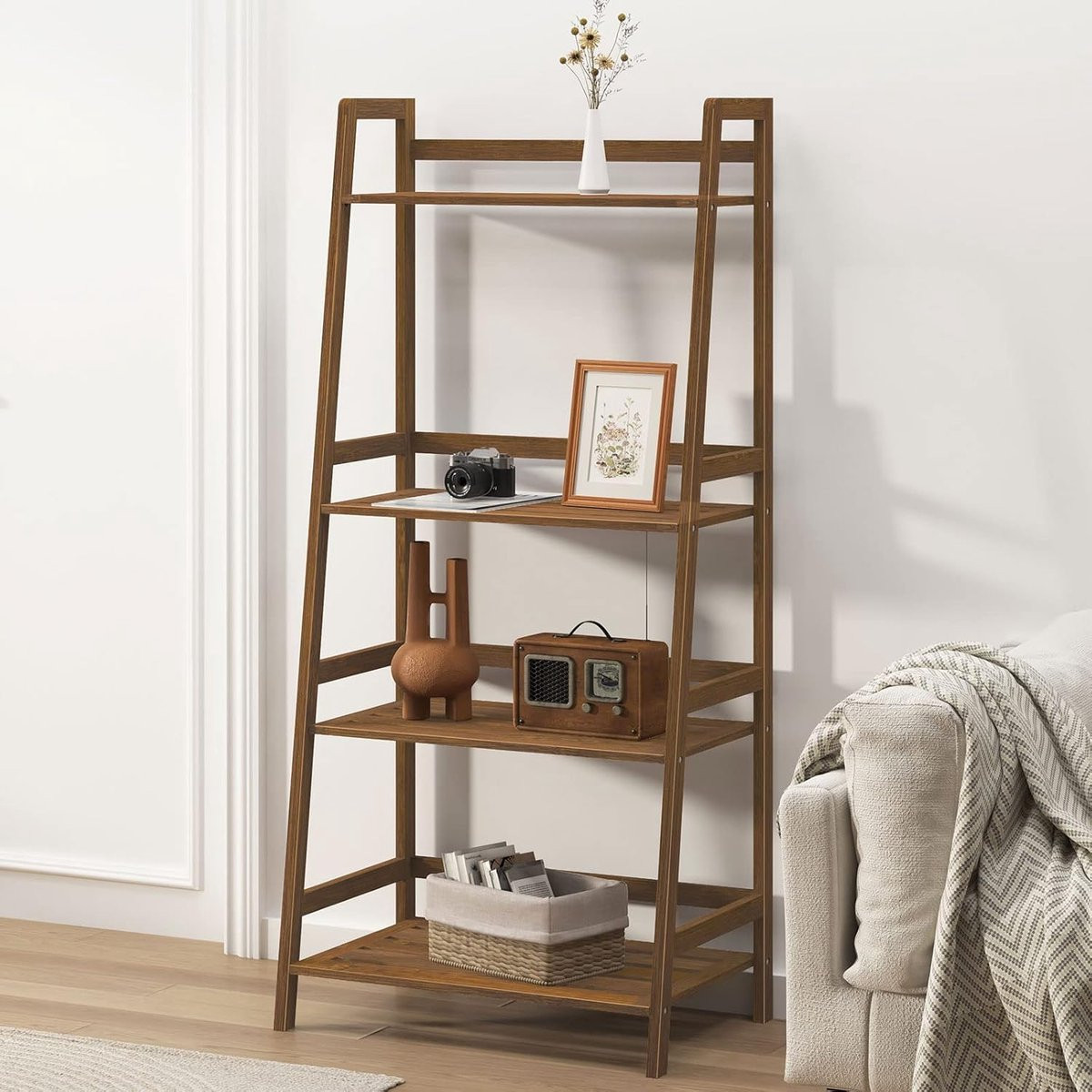 Multifunctionele Bamboe Ladderplank met 4 Niveaus - Bruin Opbergrek, Boekenplank en Plantenstandaard