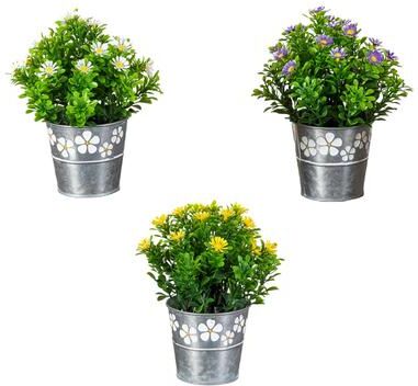 Nearly Natural 8-in Artificial Daisy Plant in Decorative Daisy Tin Planter - Set of 3