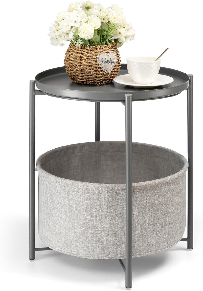 Ronde Bijzettafel met Opbergmand en Afneembaar Dienblad - Lichtgrijs