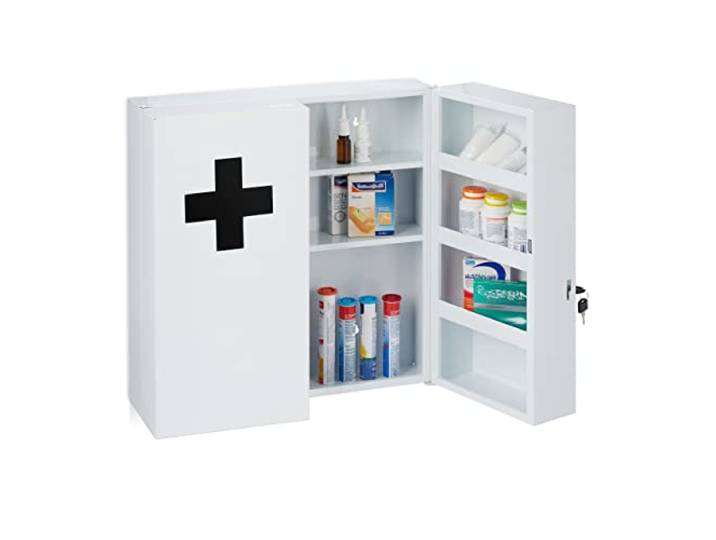 Relaxdays Medizinschrank XXL, abschließbar, 11 Fächer, Stahl, weiß/schearz