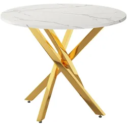 MODFU Esstisch MDF Weiß/Gold 80x80x75 cm, runde Marmoroptik, Metallgestell in Kreuzform