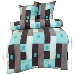 Leonado Vicenti Bettwäsche Thermofleece 135x200 + 80x80 cm türkis grau Vierecke kariert mit Reißverschluss / 2 tlg.