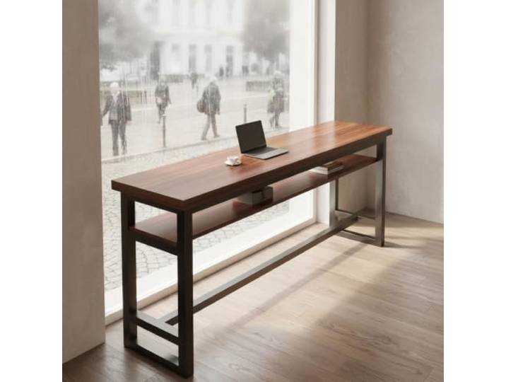 Bartisch mit Metallgestell, Schmaler Stehtisch für Küche & Wohnzimmer Massives Holz, Schmales Design, Stabiler Metallrahmen, Platzsparend für Küche(Walnut,63.0in*11.8in)