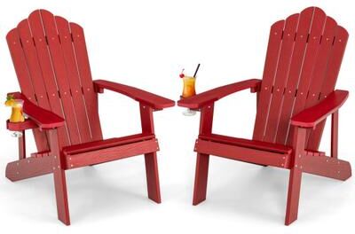 Costway 2 Pieces Adirondack Chair Set with Ergonomic Design for Porch and Backyard-Red