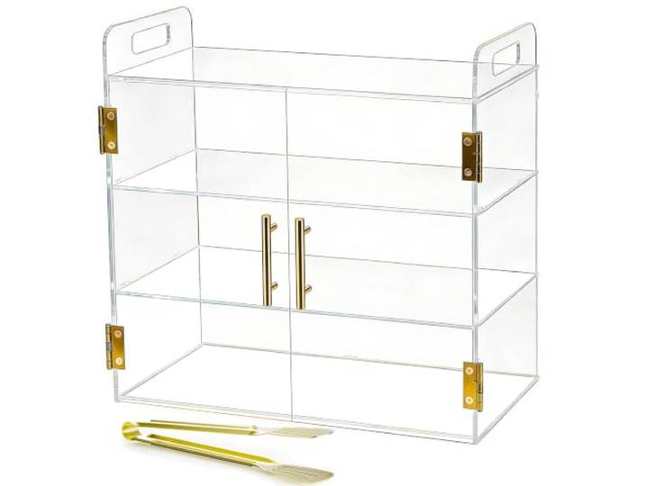 Acryvic 3-Etagen Bäckereivitrine mit elastischer Automatiktür & Griff, 49,5 x 26 x 38cm Acryl-Klarvitrinen für Theken, Klare Gebäckvitrine Lebensmittelschrank für Brot Dessert Kekse Backen