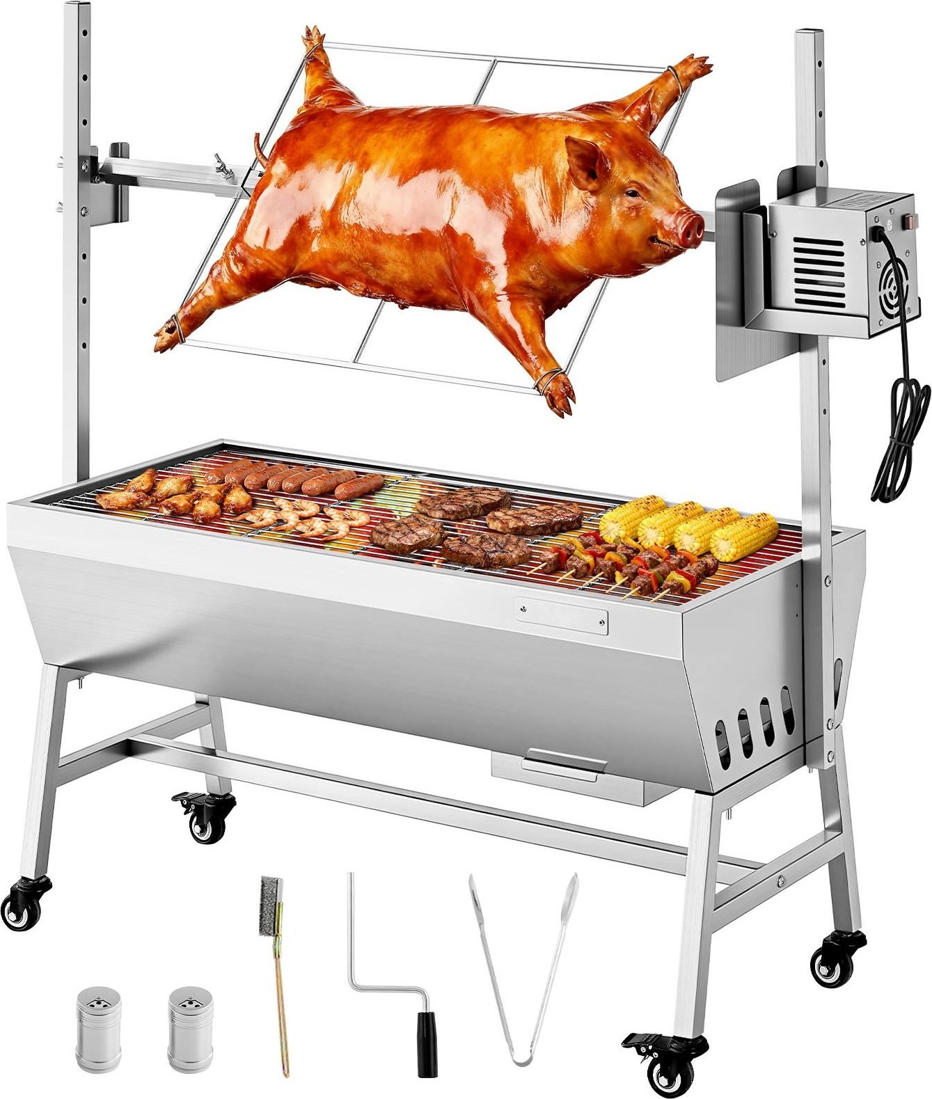 Holzkohle-Drehspießgrill - Spanferkel- und Lammgrill - 94 cm Grilllänge - 60 kg Tragkraft - 38 W Motor - 7-fach höhenverstellbar - Edelstahl - Mit Rädern