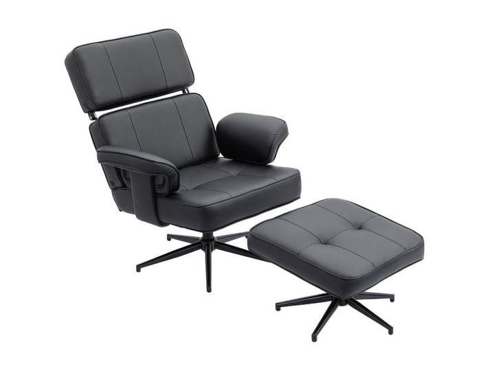 Homcom Relaxsessel mit Hocker Verstellbare Kopfstütze Liegefunktion Kunstleder Schwarz, Metall, 79x89x91 cm, Wohnzimmer, Sessel, Relaxsessel