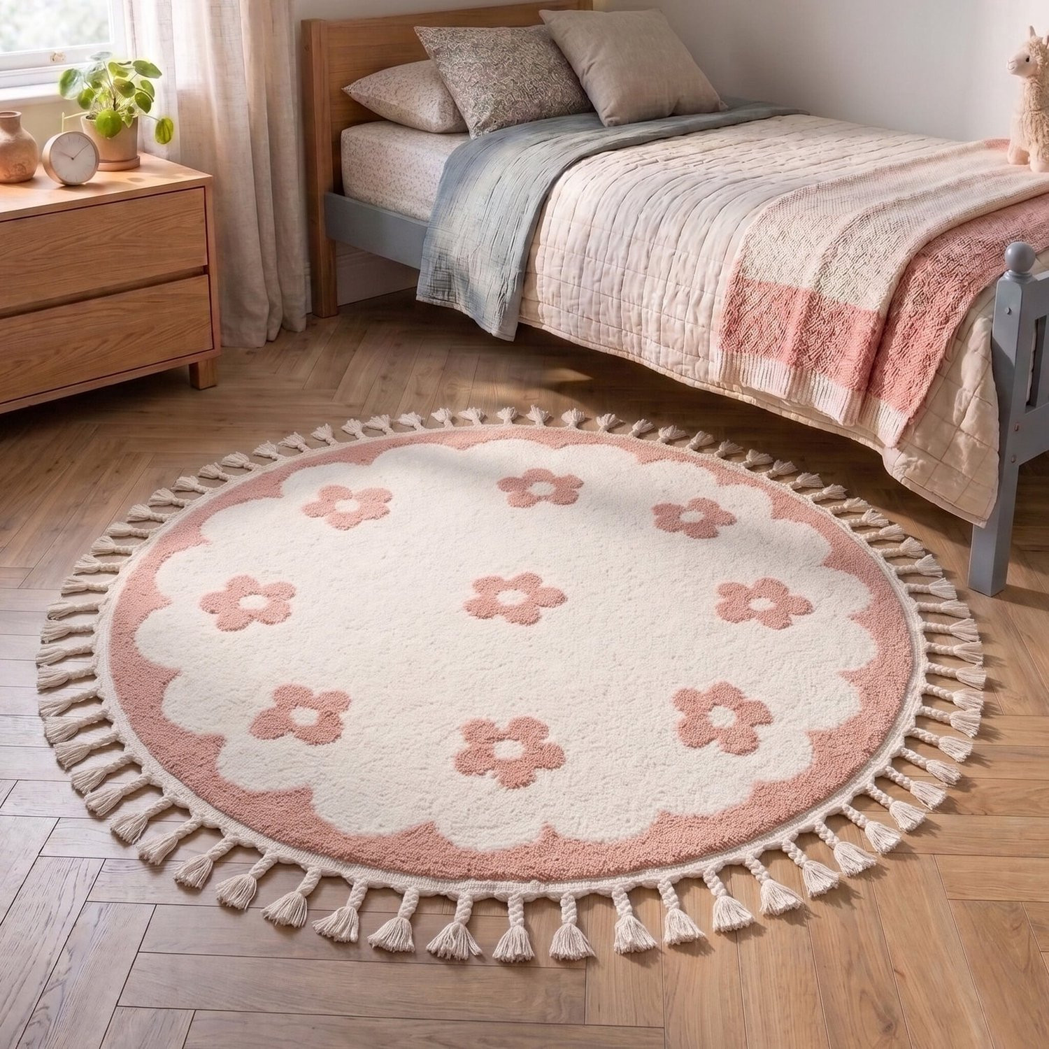 Little Olly Rond wasbaar kindervloerkleed - Moos Flower Roze - Ø 80 cm