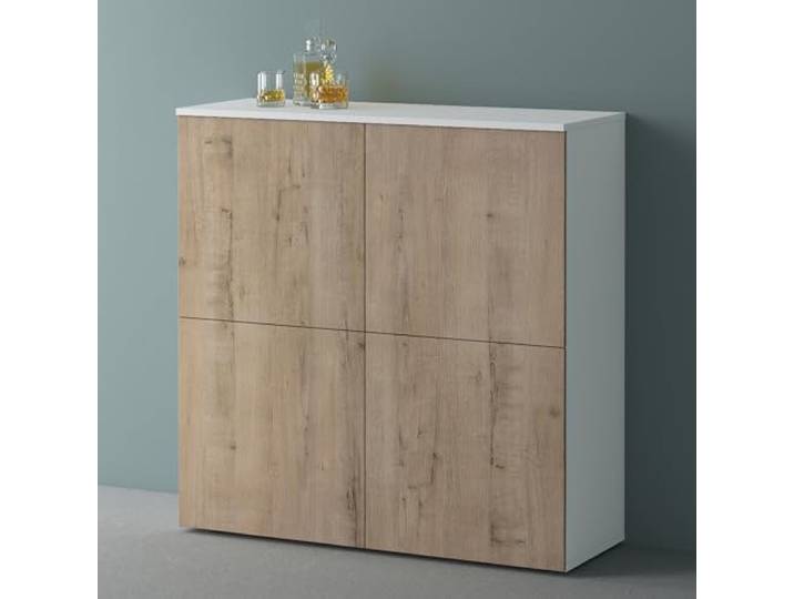 Mai & Mai Sideboard 100cm Kommode 4 Türen Soft-Close grifflos Stauraum Kommodenschrank, Wohnzimmer Möbel, Flurschrank, bis zu 8 Staufächer, Weiß matt + Eiche Greige, BxTxH:100x36,4x98cm, Schrank04