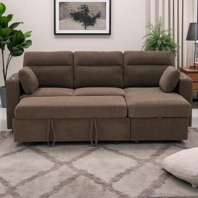 Convertible Pull-Out Sleeper Sectional Sofa with Storage Chaise and Cup Holders