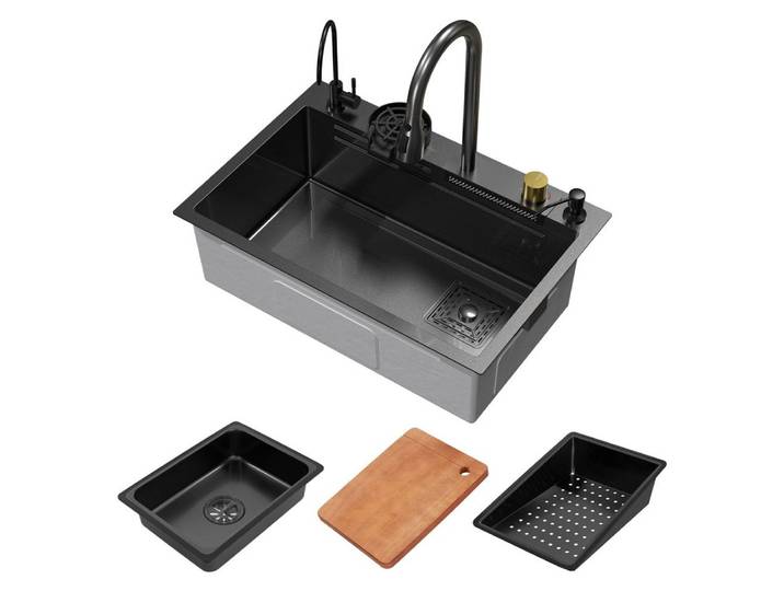 ML-DESIGN Küchenspüle Spülbecken aus Edelstahl Einbauspüle mit Wasserhahn & anderem Zubehör, 68/46 cm, Küchenspüle Multifunktionale Anthrazit rechteckig Waschbecken