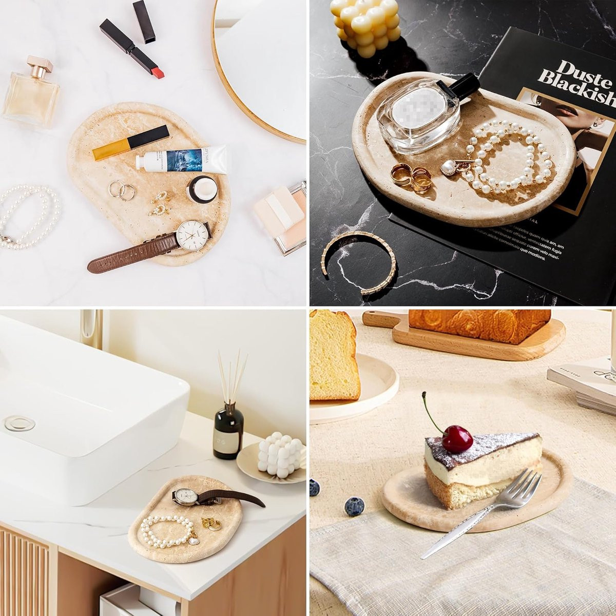 SnelShoppen Dienblad van Natuurlijk Travertijn - Beige Sieradendienblad en Marmeren Ringplank voor Badkamer of Nachtkastje