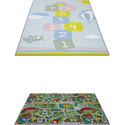 Kinderteppich ANDIAMO "Duo" Gr. 3, bunt (multi), B:133cm H:10mm L:190cm, Kunstfaser, Teppiche, Kinderteppich, Spielteppich, Straßenteppich, beidseitig verwendbar, Hüpfkästchen